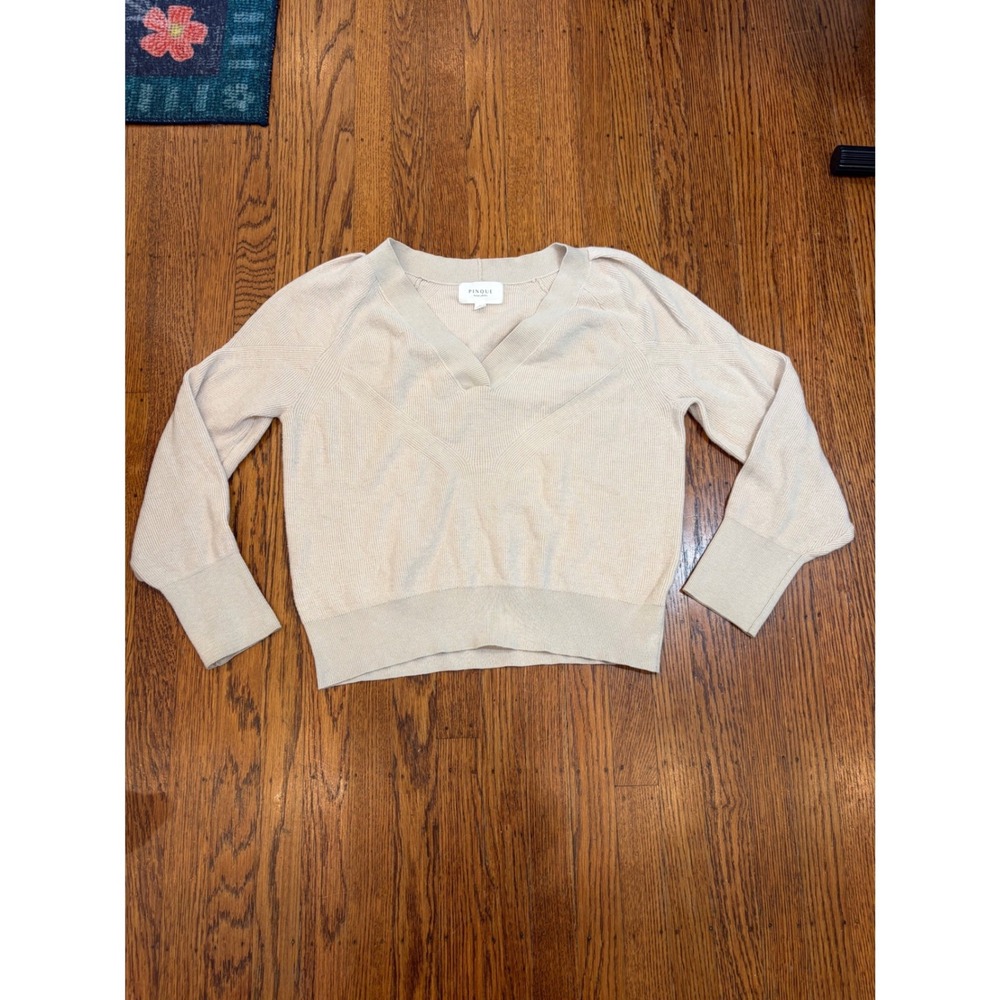 Pinque Design Studio Beige Ribbed V-Neck Puff Sleeve Sweater PF3S25849SF L